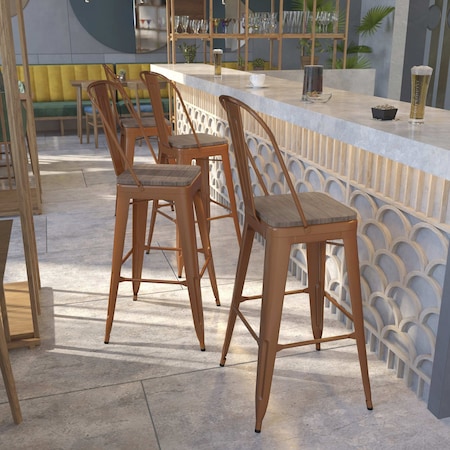 Flash Furniture Copper Metal Barstool with Back and Wood Seat, 30" High, PK4 4-ET-3534-30-POC-WD-GG